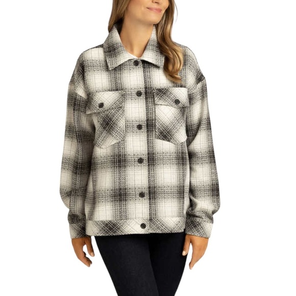 Women's Boston Traders XXL 20 - 22 Button Shirt Jacket Shacket Plaid Black Gray - Picture 4 of 9